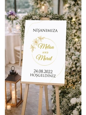 Reysa Tasarım Krem Sade Çiçekli Düğün, Nişan ve Söz Karşılama Panosu – 50X70 cm