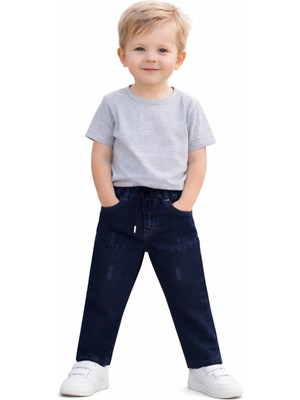 İrem Çocuk Giyim Erkek Çocuk Beli Lastikli Ip Bağlamalı Üzeri Eskitme Desenli Likralı Lacivert Renk Kot Pantolon