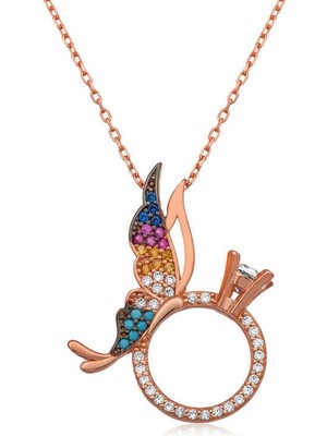 Tienda Elegante Gümüş Tek Taş Yüzüklü Kelebek Kolye