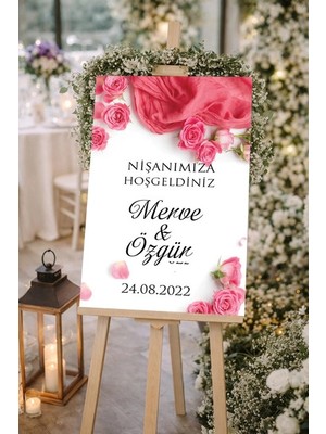 Reysa Tasarım Pembe Güllü Düğün, Nişan ve Söz Karşılama Panosu – 50X70 cm