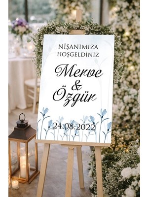 Reysa Tasarım Sade Mavi Çiçekli Düğün, Nişan ve Söz Karşılama Panosu – 50X70 cm