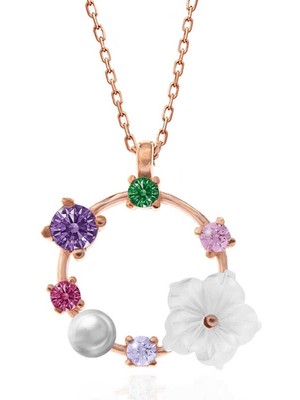 Tienda Elegante Gümüş Rose Renkli Taşlı Manolya Çiçeği Kadın Kolye