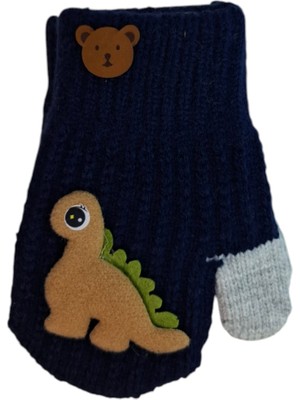 Spteks Kitti 1-3 Yaş Erkek Bebe Çocuk Lacivert Renk Sevimli Dinozor Figürlü Kışlık Örme Eldiven