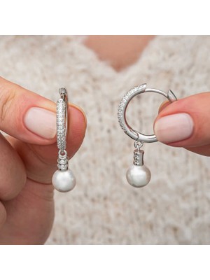 Tienda Elegante Gümüş Zirkon Taşlı Halka Inci Kadın Küpe