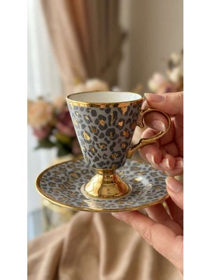 Çnr Home Collection Leopar Desenli Ayaklı Porselen Kahve Fincanı Takımı 6 Kişilik- Altın Yaldızlı Fincan Seti