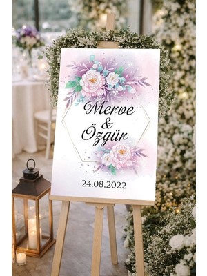 Reysa Tasarım Pembe Çiçekli Düğün, Nişan ve Söz Karşılama Panosu – 50X70 cm