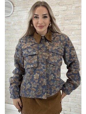 Muna Boutique Laviya Ithal Koyu Çiçek Desenli Önden Düğmeli Kadın Ceket