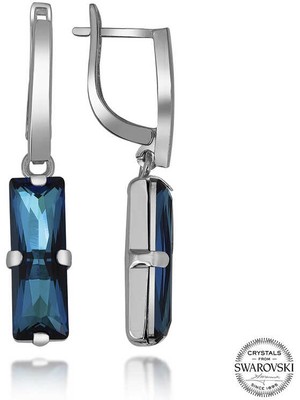 Fm Swarovski Crystal Taşlı Gümüş Mavi Baget Sallantılı Kadın Küpe