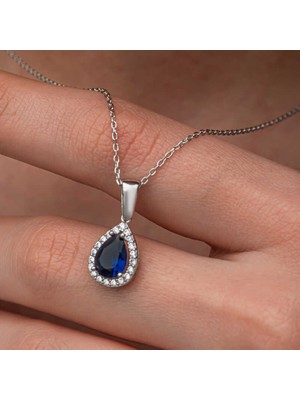Tienda Elegante Gümüş Mavi Taşlı Damla Kadın Kolye
