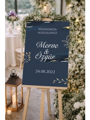 Reysa Tasarım Mavi Gold Detay Çiçekli Düğün, Nişan ve Söz Karşılama Panosu – 50X70 cm