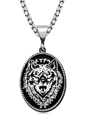 Tienda Elegante Gümüş Siyah Zeminli Kurt Motifli Göktürkçe Türk Yazılı  Kolye