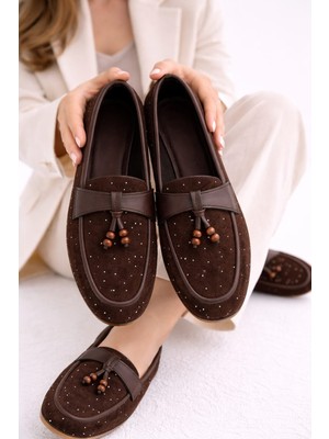 Slipcat Kadın Taşlı Püsküllü Taş Detaylı Babet Günlük Ayakkabı