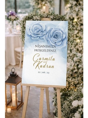 Reysa Tasarım Mavi Güllü Düğün, Nişan ve Söz Karşılama Panosu – 50X70 cm