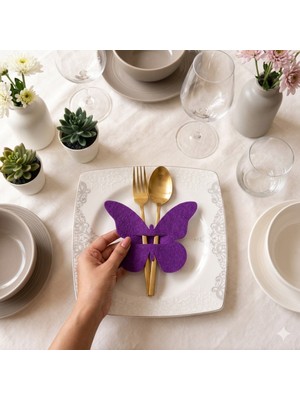 Rosfloa 4’lü Mor Kelebek Keçe Peçetelik & Çatal Kaşıklık Sunum Seti – Davet Sofrası Hediyelik