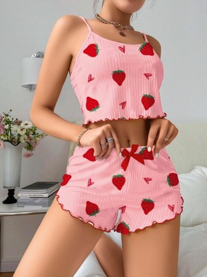 Tudik Collection Kadın Pembe Çilek Desenli Şortlu Pijama Takımı 5056