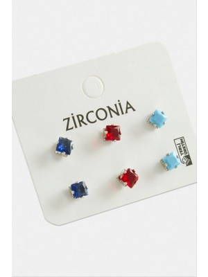 Zero Land Snmswrld 6 Adet Kare Zirkon Tek Taşlı Küpe - Gümüş Rengi