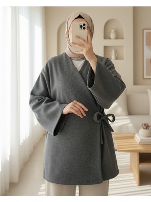 Modamorfo Çapraz Bağlamalı Kaşe Kimono -Füme