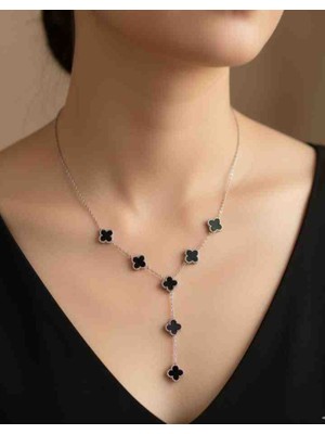 Minel Fashion Gümüş Renk Siyah Mineli Yedi Yoncalı Çelik Y Kolye