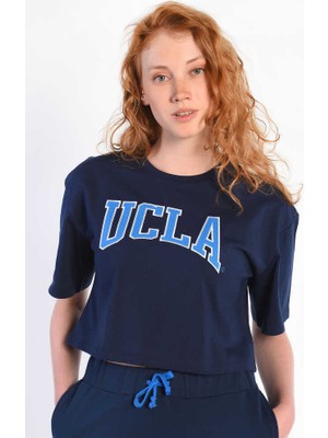 Ucla HELENA Lacivert Bisiklet Yaka Crop Nakışlı Oversize  Kadın Tshirt