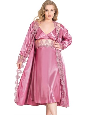 Hayat Store Arias Closet Büyük Beden Gül Kurusu Uzun Ikili Saten Sabahlık Gecelik Takımı