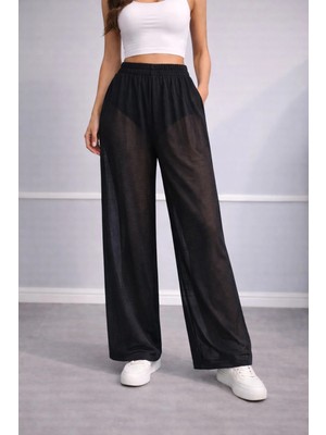 İnce Moda Giyim Kadın Transparan Bol Paça Pantolon – Lastikli Yüksek Bel Yazlık Model