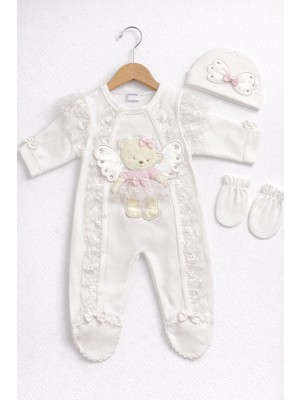 Kardeşler Bebe Dantelli Kanatlı Ayıcık Figürlü Kız Bebek Patikli Tulum Takımı