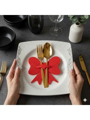 Rosfloa 4’lü Kırmızı Fiyonk Keçe Peçetelik & Çatal Kaşıklık Sunum Seti – Davet Sofrası Hediyelik