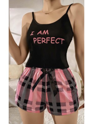 Tudik Collection Kadın Siyah Kare Desenli Askılı Şortlu Pijama Takım 5012