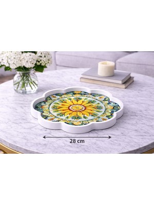 Zucci Home 28 cm  Desenli Küçük Cam Dekoratif Tepsi | Akdeniz Esintisi | Shine Solaria Art |  Renkli Çiçek Motifli Orta Sehpa & Sunum Tepsisi