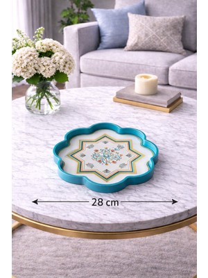 Zucci Home 28 cm  Desenli Küçük Cam Dekoratif Tepsi | Akdeniz Esintisi | Shine Turquoise Royale | Renkli Çiçek Motifli Orta Sehpa & Sunum Tepsisi