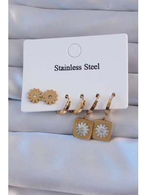 Luz&Pos 316L Çelik Gold Renk Zirkon Taşlı Sedefli Papatya Model Halka Küpe Seti