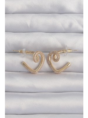 Luz&Pos Pirinç Gold Renk Zirkon Taşlı Kıvrımlı Yarım Kalp Küpe