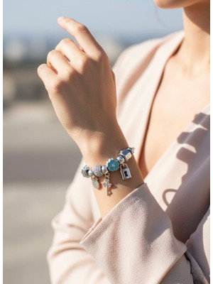 ArmoniaVital Gümüş Renk Charm Bileklik - Mavi Çiçek ve Anahtar Detaylı Kadın Kelepçe Bileklik