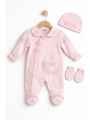 Kardeşler Bebe Dantelli Çiçek Nakışlı Kız Bebek Tulum Bere Eldiven Seti