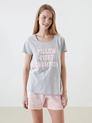 Lc Waikiki Yeni Sezon Bisiklet Yaka Baskılı Kadın Şortlu Pijama Takımı