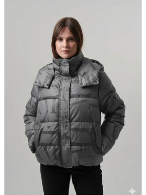 Pique Eva Kadın Mont Kapüşonlu Baskılı Kadın Mont Eldiven Hediyeli