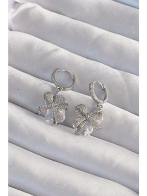 Luz&Pos Pirinç Gümüş Renk Iri Zirkon Taşlı Fiyonk Model Halka Küpe