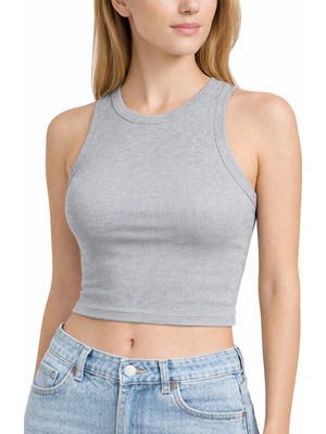 Mmetalic Kadın Gri Fitilli Görünümlü Askılı Kalın Esnek Örme Basic Crop Atlet Bluz