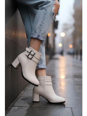 Marina Rosse Kadın Bej Suni Deri Çift Tokalı Kısa Bot Düz Topuklu Rahat Tasarım 2024 Sonbahar-Kış