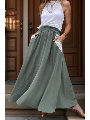 Bacc Haki Cebi Hasır Detaylı Beli Lastikli Salaş Etek BCBSK-25700-3389