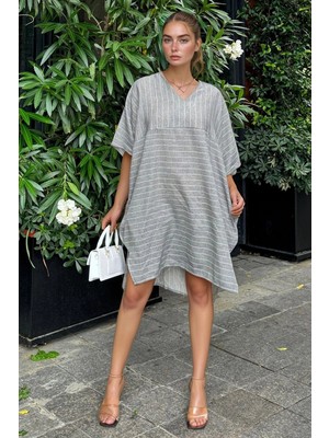 Bacc Antrasit Keten V Yaka Asimetrik Çizgili Cepli Salaş Elbise BCBSK-25700-3340