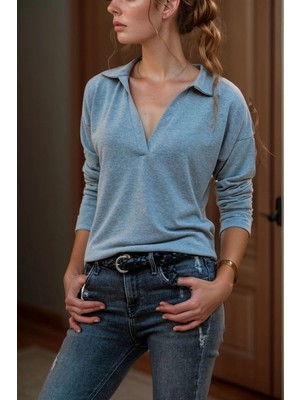 Bacc Gri Polo Yaka Yumuşak Dokulu Bluz BCBSK-25700-2749