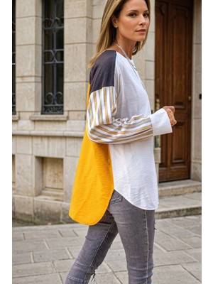 Bacc Hardal Keten Multi Garnili Color Block Salaş Bluz BCBSK-25700-3314