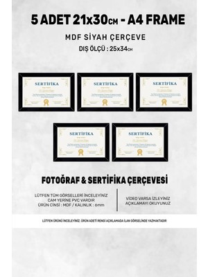 5 Adet A4 Çerçeve - Mdf 21X30 Çerçeve - Çoklu Fotoğraf Çerçevesi - Diploma Çerçevesi - Sertifika