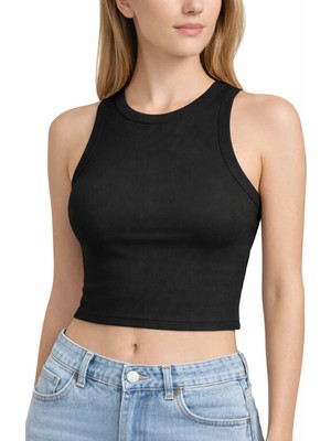 Kadın Siyah Fitilli Görünümlü Askılı Kalın Esnek Örme Basic Crop Atlet Bluz