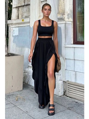 Bacc Siyah Yanı Fırfırlı Yırtmaçlı Beli Lastikli Belmando Salaş Şalvar Pantolon BCBSK-25700-3635