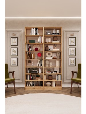 Asra Trend Lüks Meşe 16 Raflı Ayarlanabilir Ev Ofis Kitaplık %100 MDF Dekoratif Kütüphane Kitaplık K10