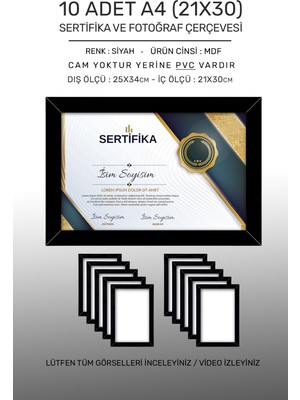 10 Adet A4 Çerçeve - Mdf 21X30 Çerçeve - Çoklu Fotoğraf Çerçevesi - Diploma Çerçevesi - Sertifika