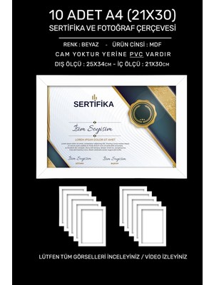 10 Adet A4 Çerçeve - Mdf 21X30 Çerçeve - Çoklu Fotoğraf Çerçevesi - Diploma Çerçevesi - Sertifika