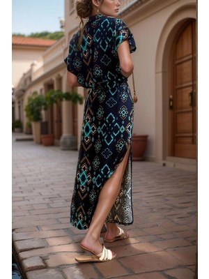 Bacc Siyah V Yaka Yarım Kol Yırtmaçlı Maxi Desenli Elbise BCBSK-25700-3649